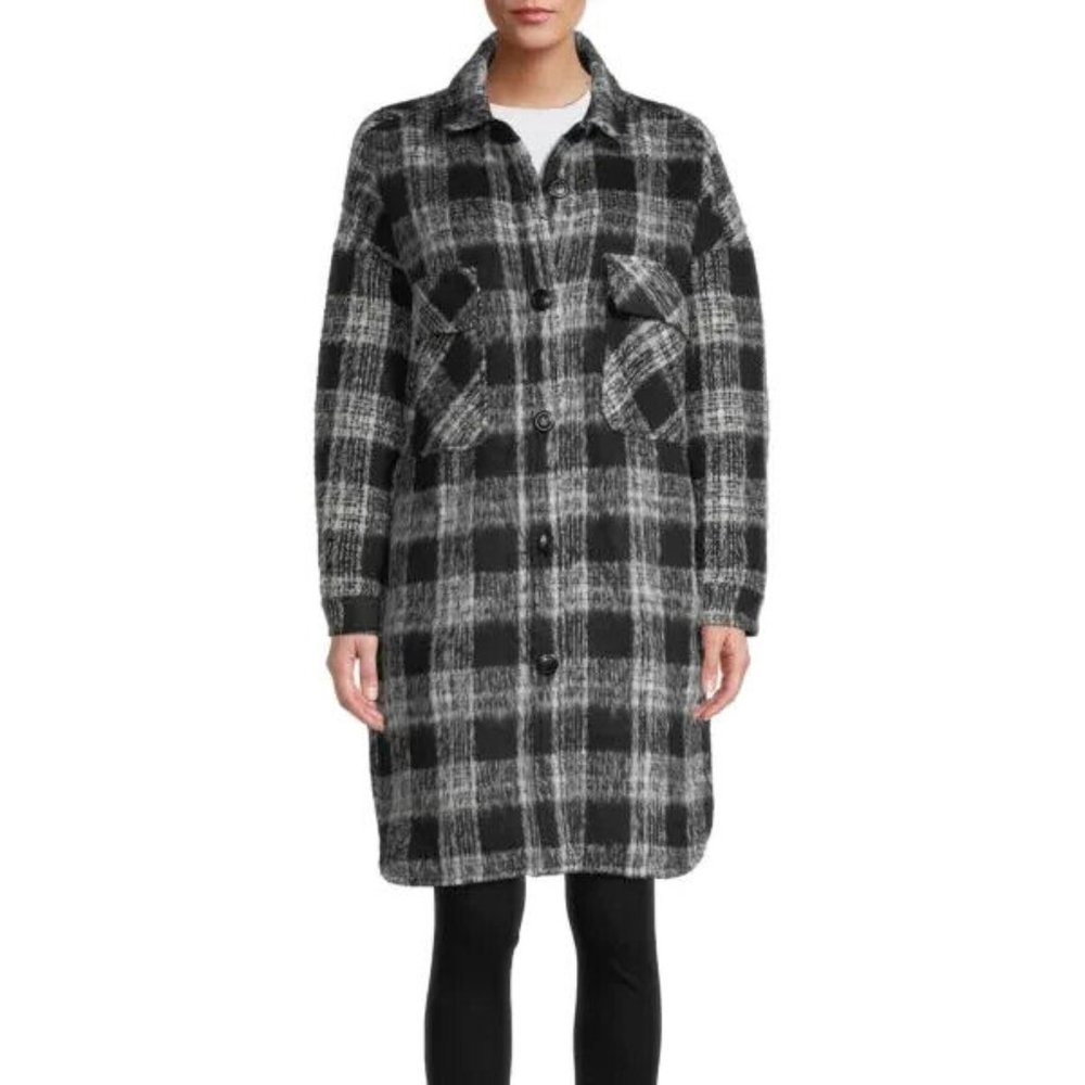 RD Style NWT Conscious Black White Buffalo Plaid Drop shoulder Button Coat, sz L